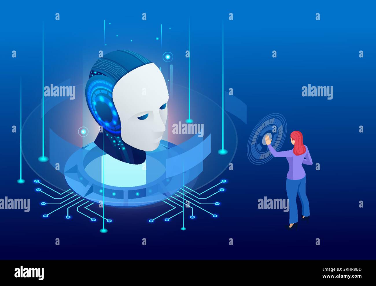 Isometric Artificial Intelligence, Knowledge Expertise Intelligence Learn. Internet connect Chat, Chat with AI, Artificial Intelligence. Stock Vector
