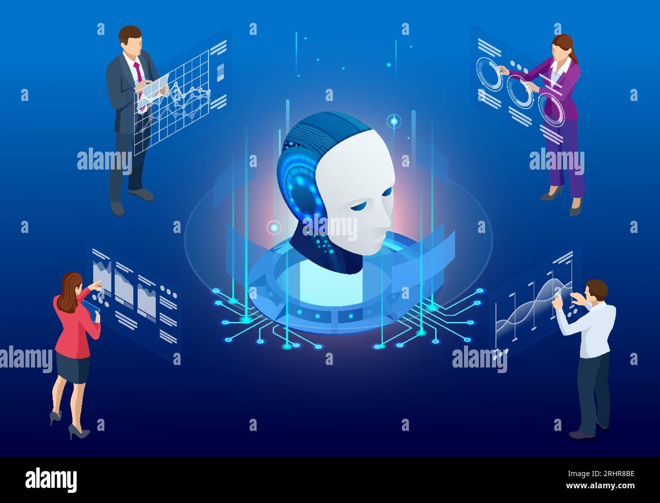 Isometric Artificial Intelligence, Knowledge Expertise Intelligence Learn. Internet connect Chat, Chat with AI, Artificial Intelligence. Stock Vector