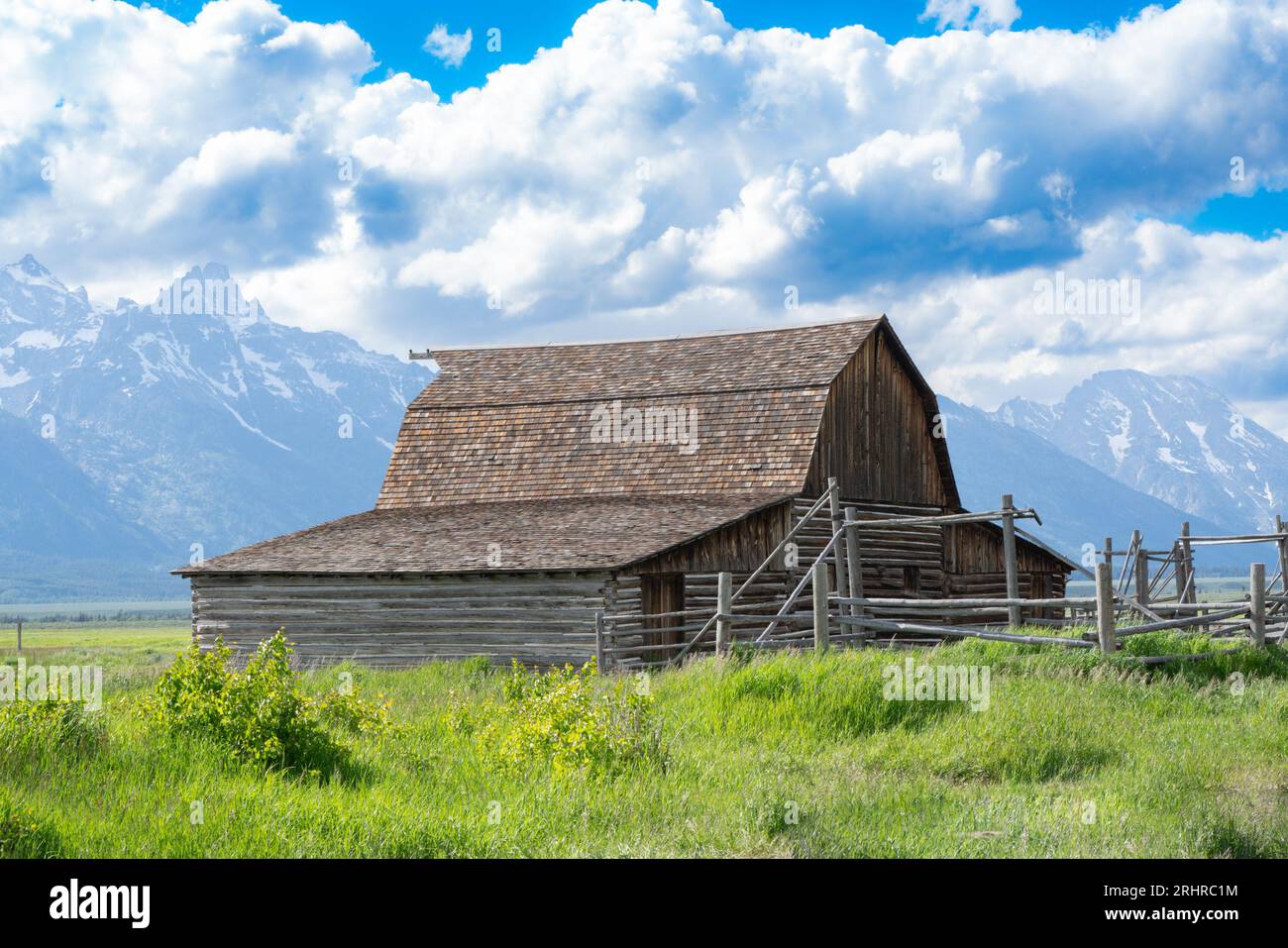 Historic John Moulton barn seen from Mormon Row, Grand Teton National Park, Jackson Wyoming. Stock Photo