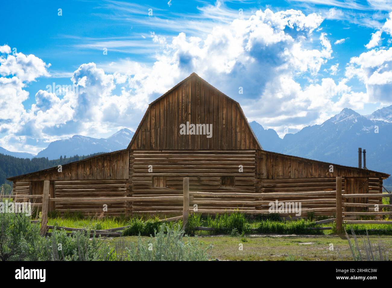 Historic John Moulton barn seen from Mormon Row, Grand Teton National Park, Jackson Wyoming. Stock Photo