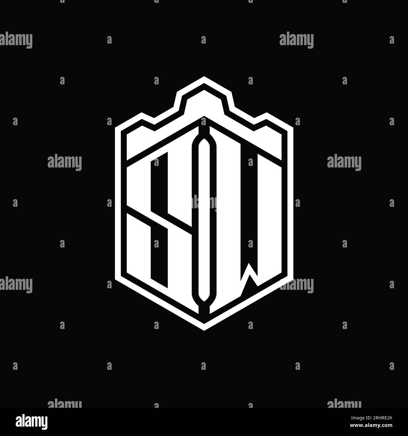 SW Letter Logo monogram hexagon shield shape crown castle geometric ...