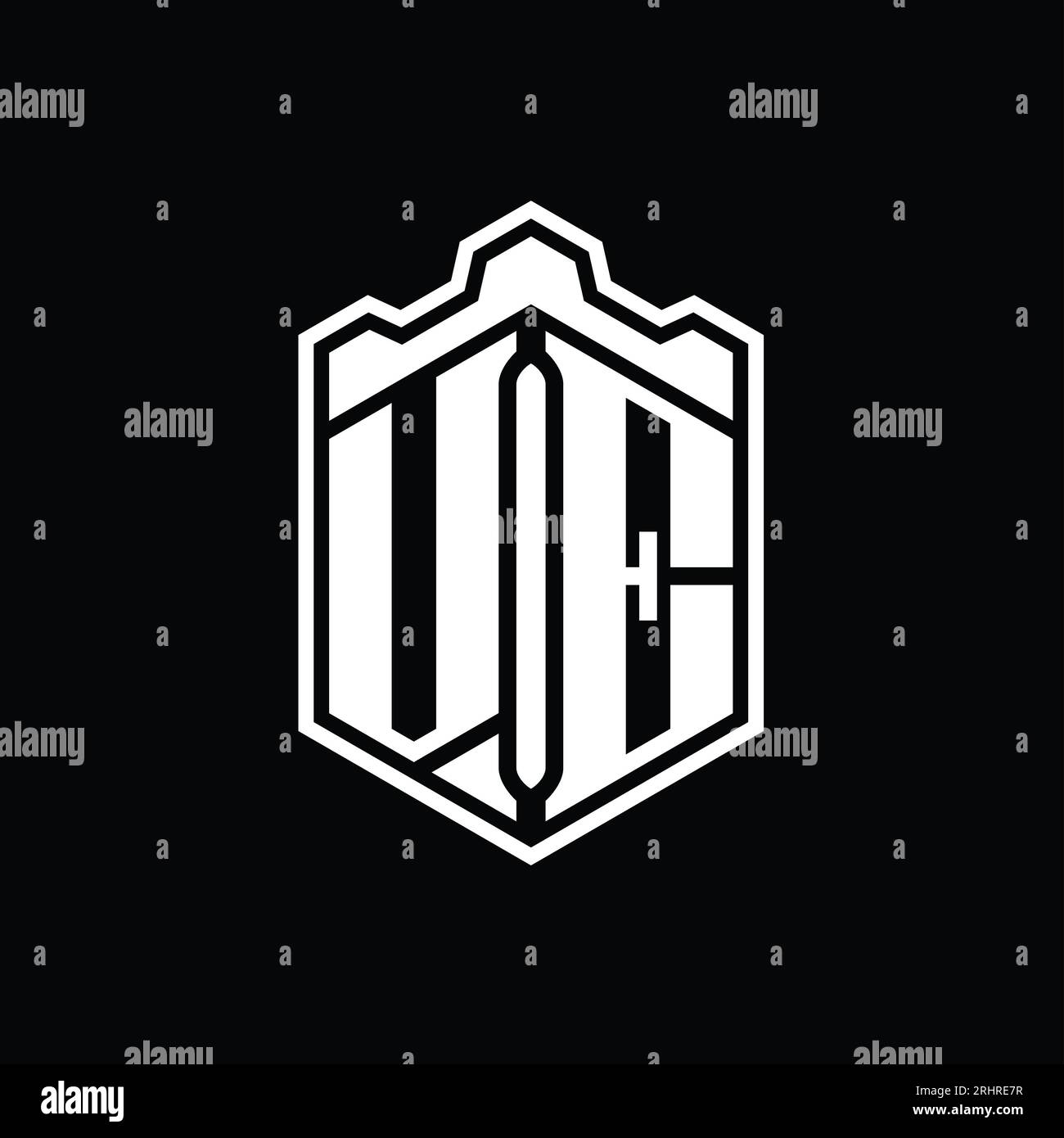 VE Letter Logo monogram hexagon shield shape crown castle geometric ...