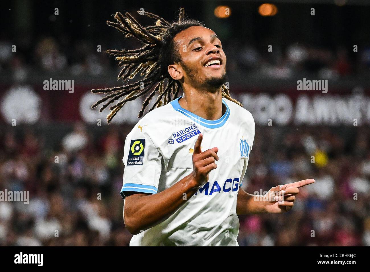 Metz, France, France. 18th Aug, 2023. Emran SOGLO of Marseille celebrates  his goal during the Ligue 1 match between FC Metz and Olympique de Marseille  (OM) at Saint-Symphorien Stadium on August 18,