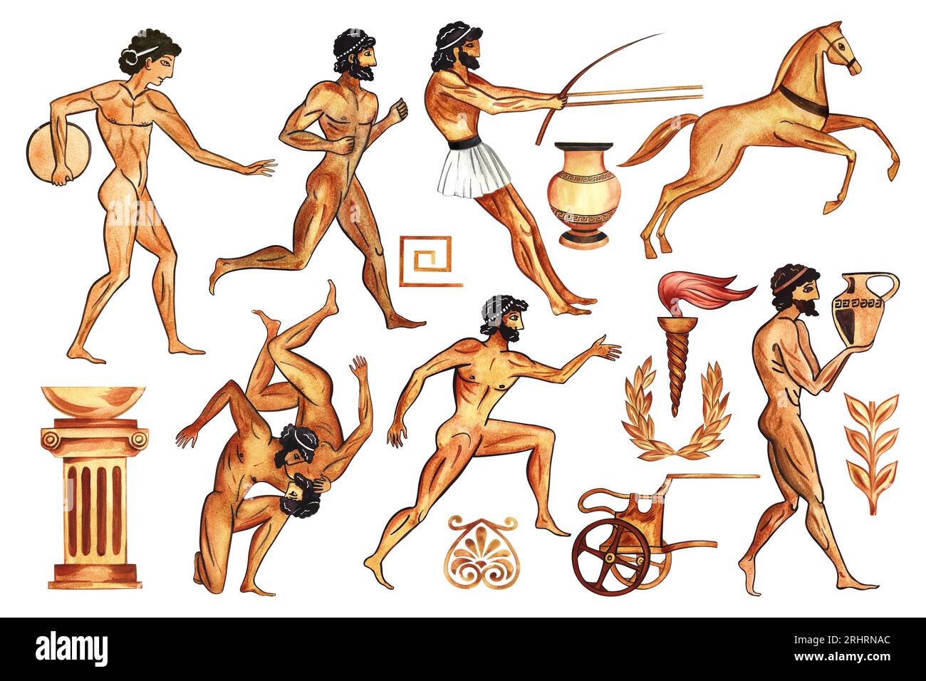 A set with ancient Greek elements and athletes. In the style of ancient