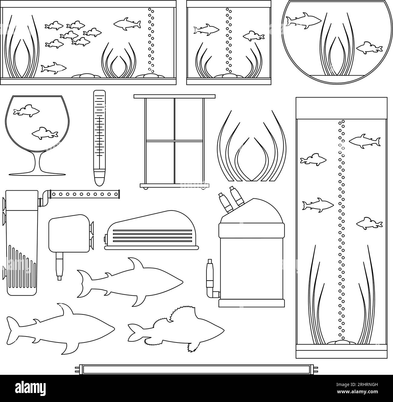 Equipment for aquarium. Transparent outline underwater vector elements