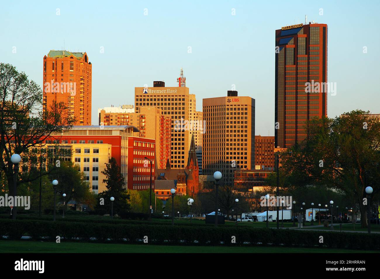 The skyline of St Paul, Minnesota catches the last light of the day Stock Photo