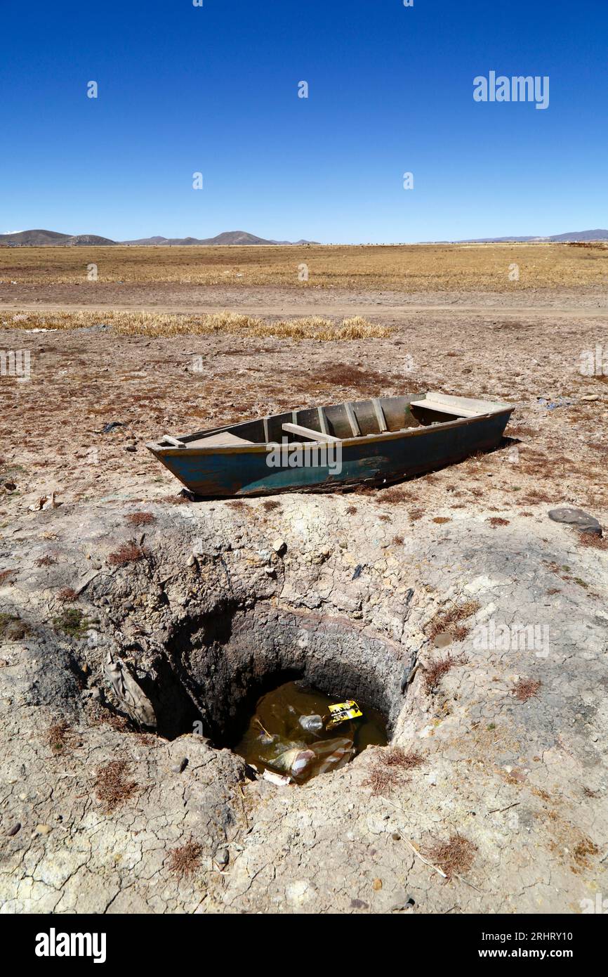 Lake Titicaca, BOLIVIA; August 18th 2023: A wooden rowing boat next to a well dug by villagers on the dried up shore of Cohana Bay on the Inner Lake / Huiñay Marka (the smaller part of Lake Titicaca) near the village of Cohana. Water levels in Lake Titicaca are approaching the record low level set in 1996, the lowest since Bolivia's weather service (Senhami) started keeping records in 1974. Many are blaming climate change; the last few years have been drier than normal and El Niño is currently strengthening in the Pacific Ocean off South America. Stock Photo