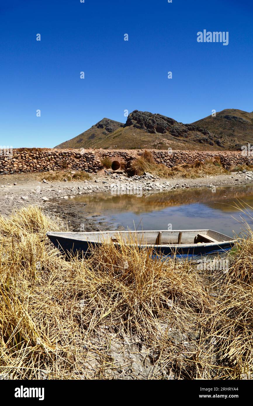 Lake titicaca bolivia august 18th 2023 a wooden rowing boat and dead