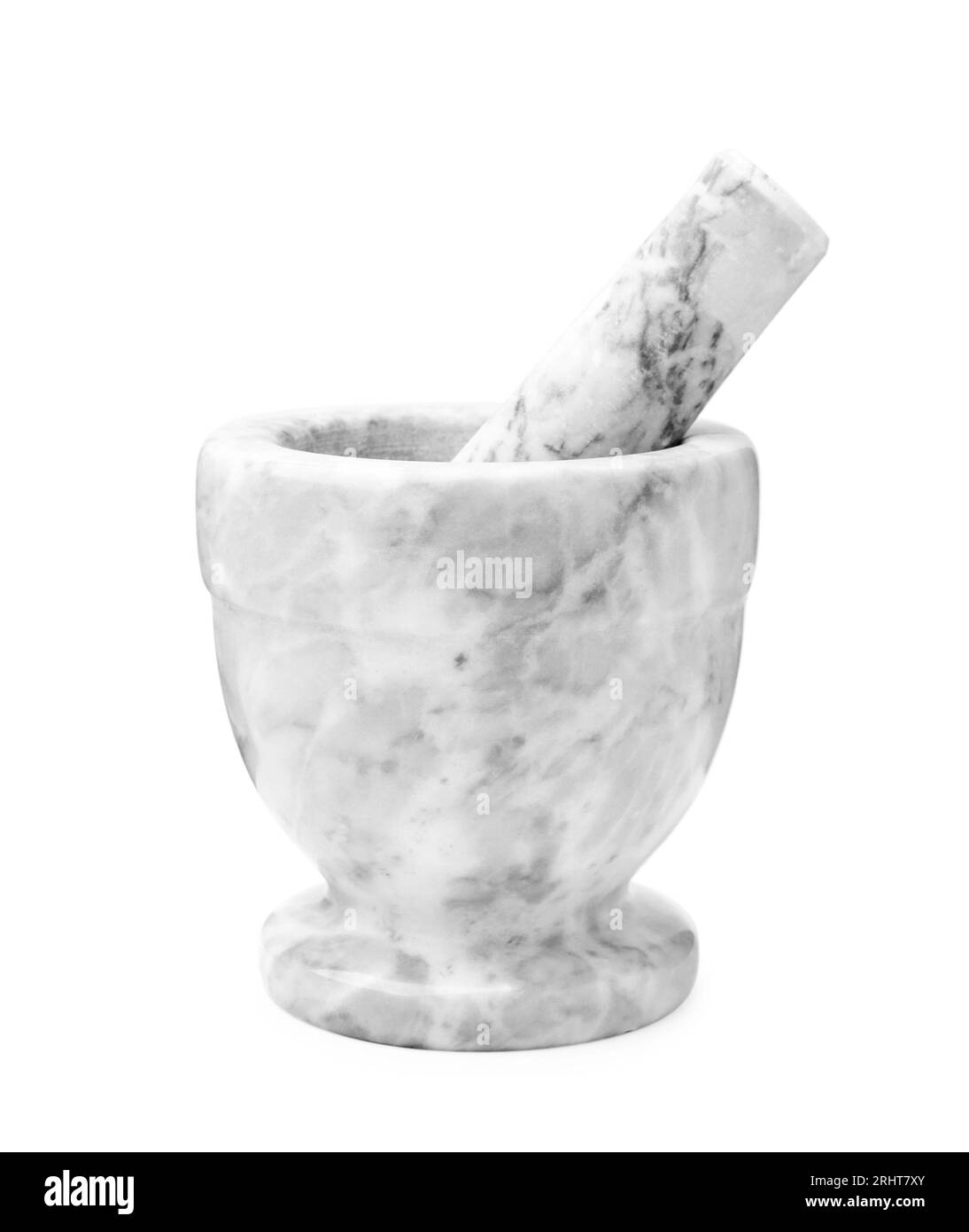 Marble mortar with pestle isolated on white. Cooking utensils Stock