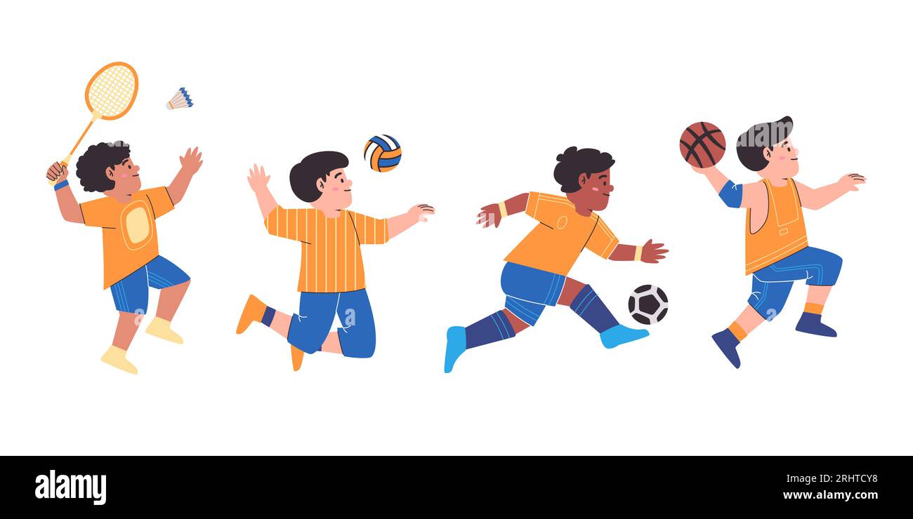 young man sport pose collection playing badminton volley football and