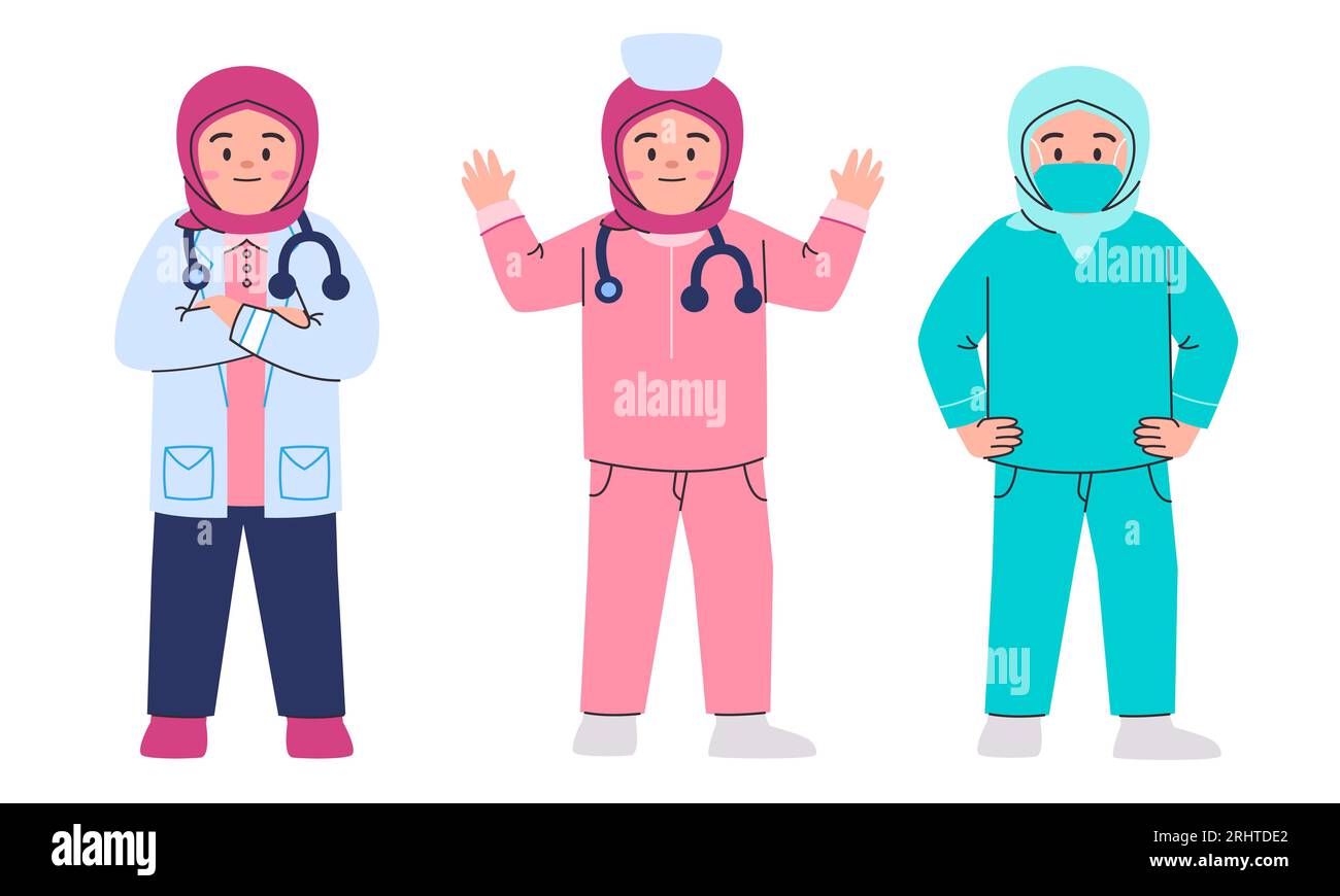 Medical staff surgeon nurse and doctor health care team woman muslim wear scarf hijab cartoon flat with line art stroke illustration Stock Vector