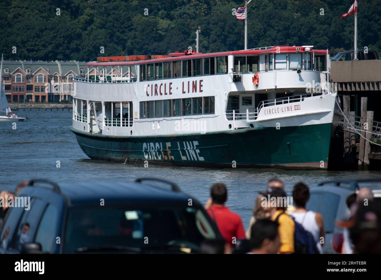 An empty Circle Line ship docked in the Henry Hudson Midtown Manhattan