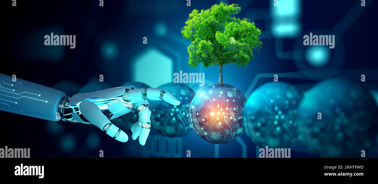 Robot hand pointing a digital ball with tree against nature with digital convergence and technology background. Ecology, Energy, Environment. Stock Photo