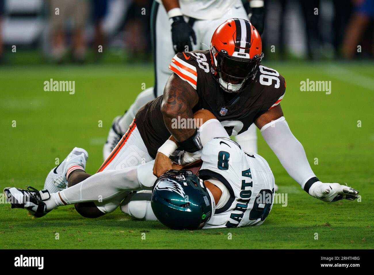 Cleveland Browns defensive tackle Maurice Hurst stops Philadelphia Eagles  quarterback Marcus Mariota (8) during the first half of an NFL preseason  football game Thursday, Aug. 17, 2023, in Philadelphia. (AP Photo/Matt  Rourke