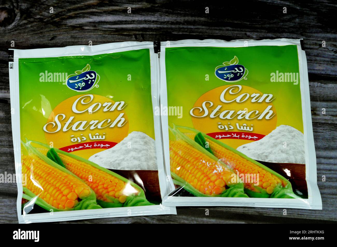 Cairo, Egypt, August 10 2023: Corn starch powder from Bait food, Corn, maize starch, or cornflour, the starch derived from corn (maize) grain, obtaine Stock Photo