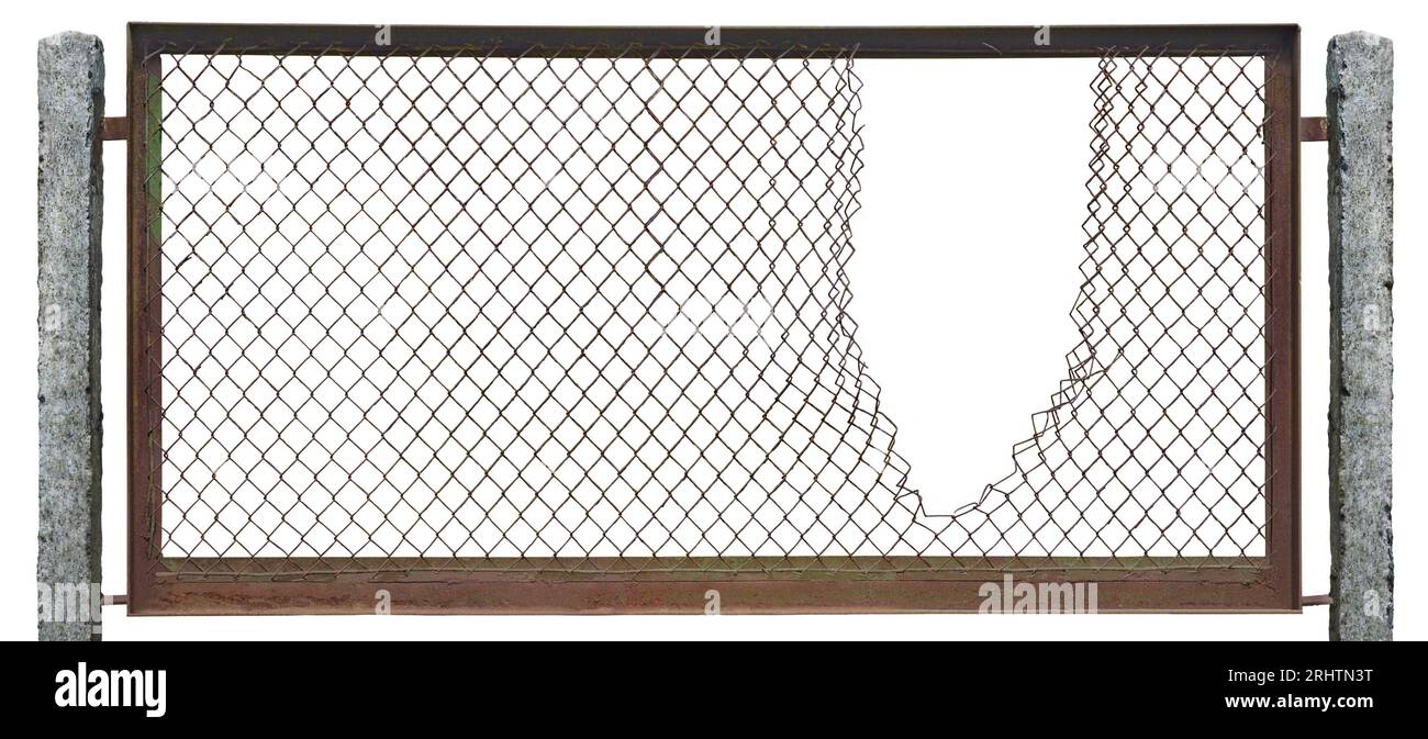 Torn rusty chain link fence texture background, horizontal isolated broken old aged weathered