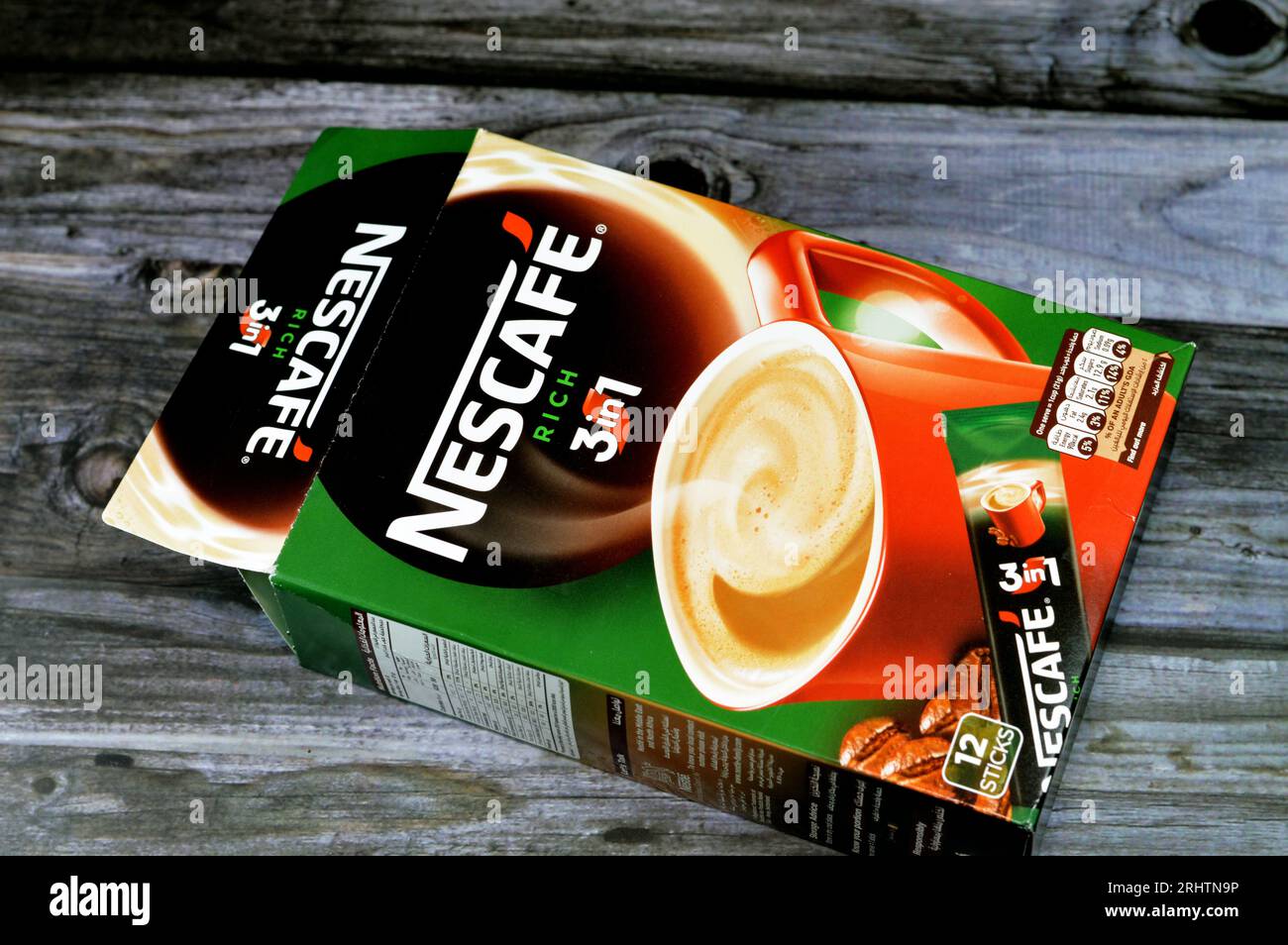 Cairo, Egypt, August 5 2023 Nestle Nescafe 3 in 1 rich sticks sachets