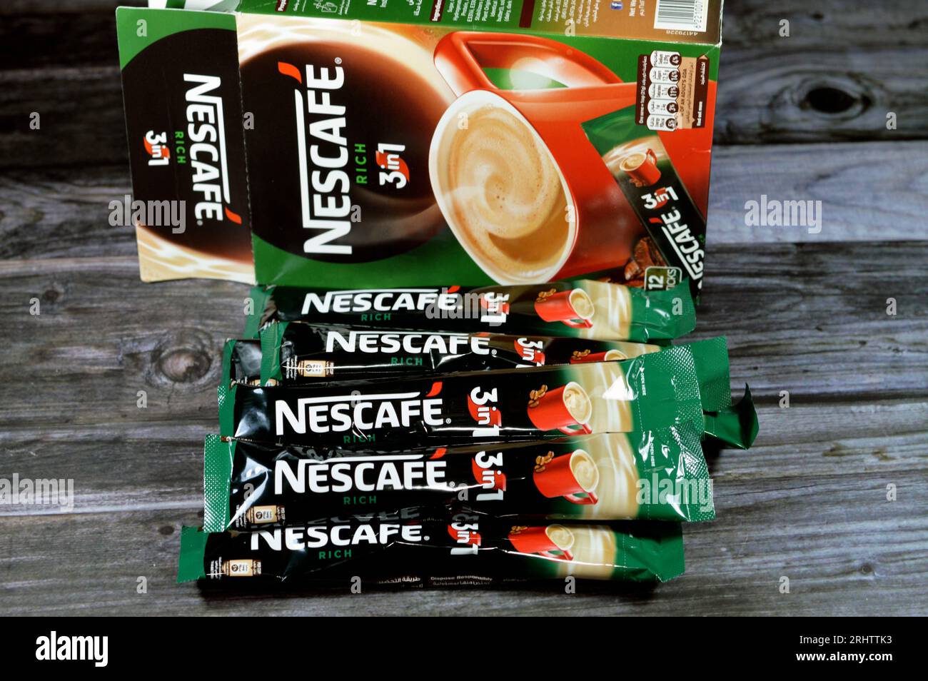 Cairo, Egypt, August 5 2023 Nestle Nescafe 3 in 1 rich sticks sachets