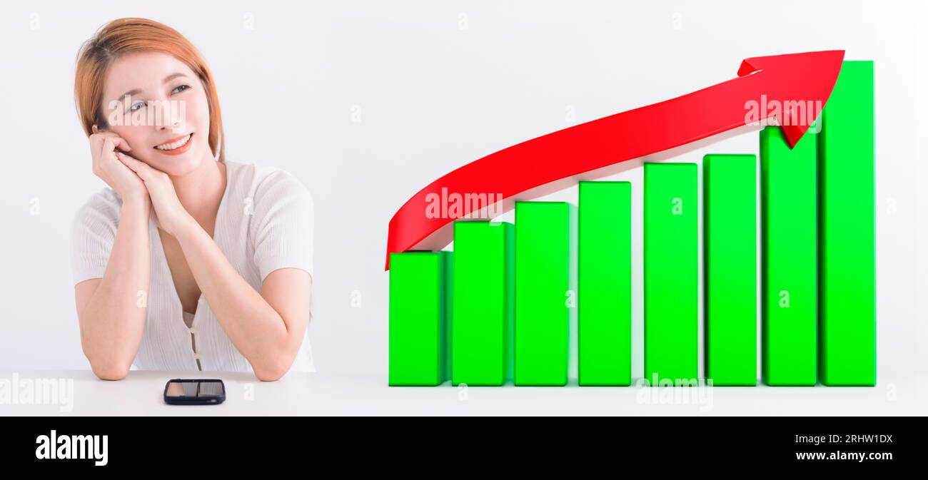 Happy young woman with invest concept by smart phone Stock Photo
