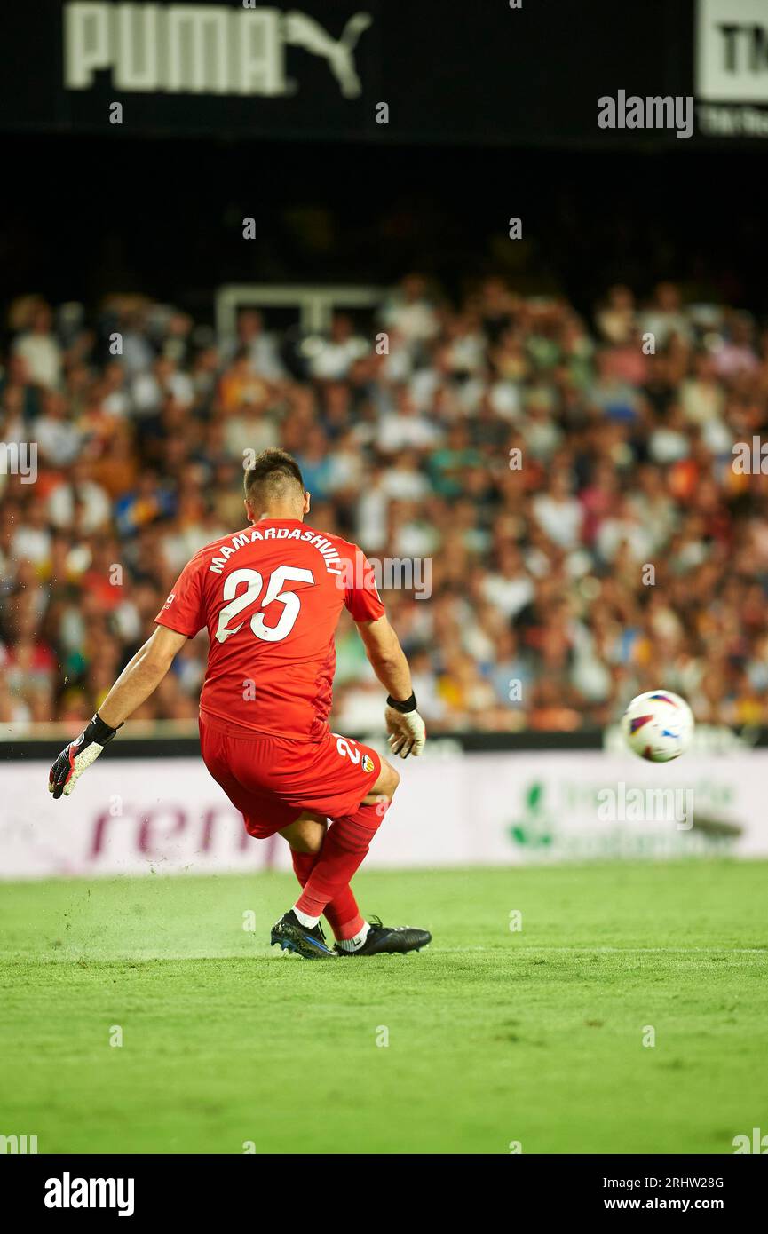 Giorgi Mamardashvili of Valencia CF in action during the La Liga EA Sport Regular Season on august 18, 2023 at Mestalla Stadium (Valencia,La Liga EA S Stock Photo