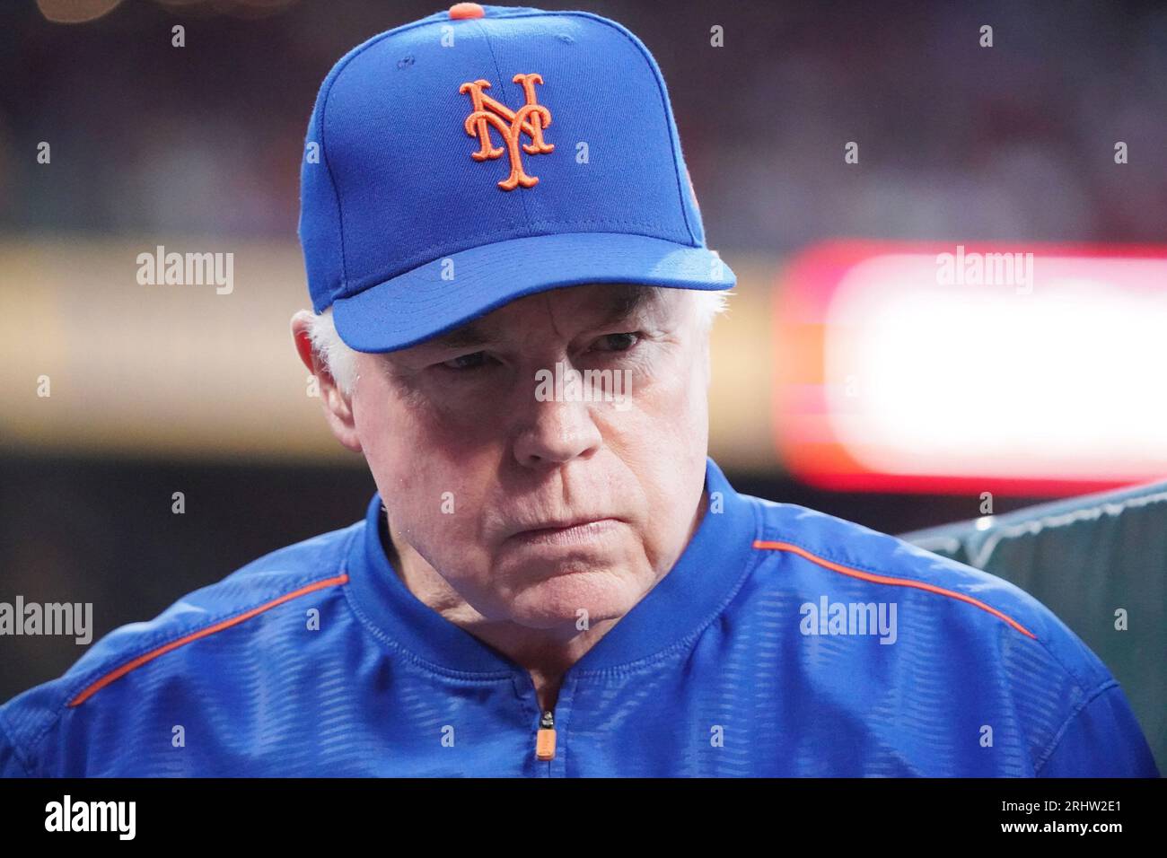 New York Mets Manager Buck Showalter waits in the dugout for a