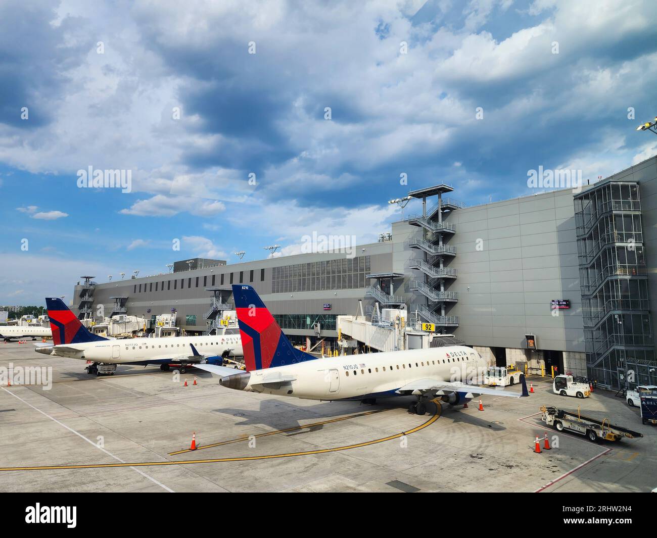 New York City, USA - May 12, 2023: delta airlines plane in laguarda airport terminal before flight. Stock Photo