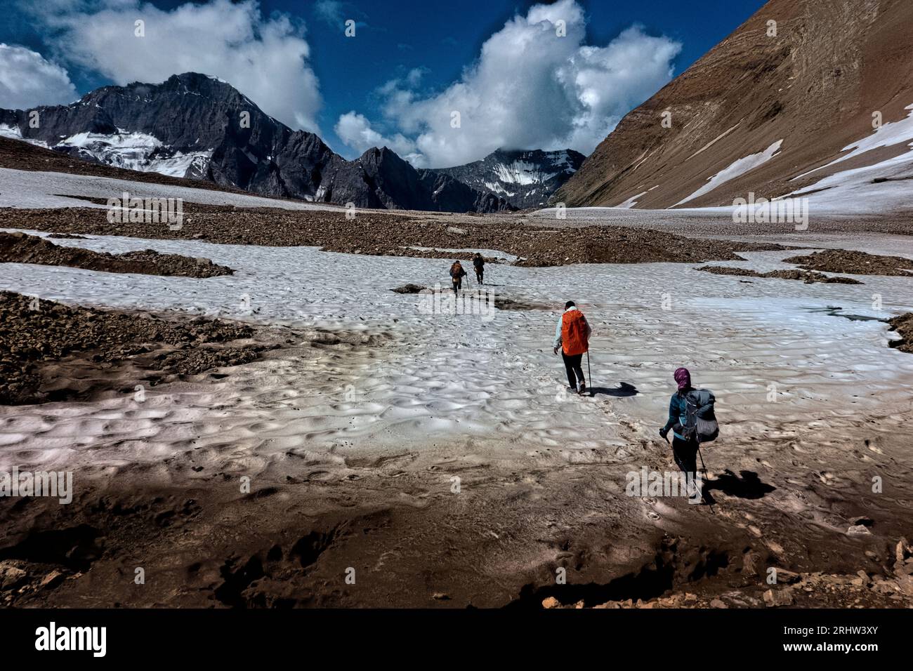 Trekkers navigate the Bracken Glacier on a trek from Zanskar to the
