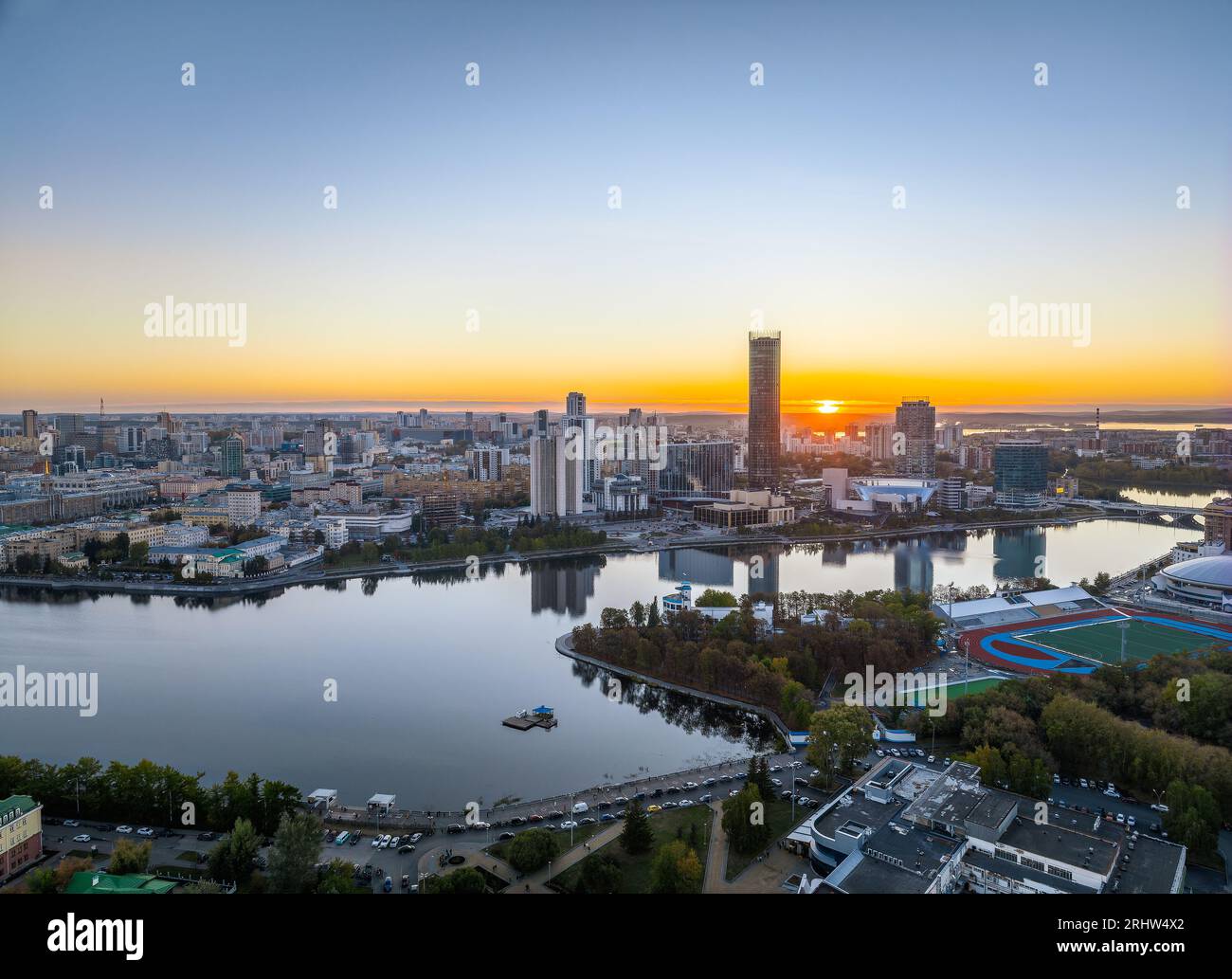 Yekaterinburg city and pond aerial panoramic view at summer or early ...