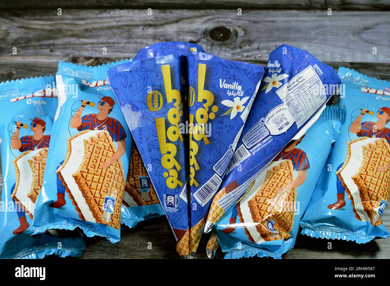 Cairo, Egypt, August 8 2023: Kimo Kono Nestle vanilla ice cream cone ...