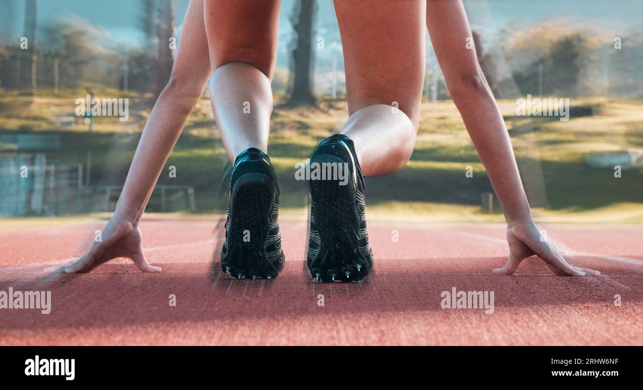 Start, running and sports with shoes of person on race track for ...