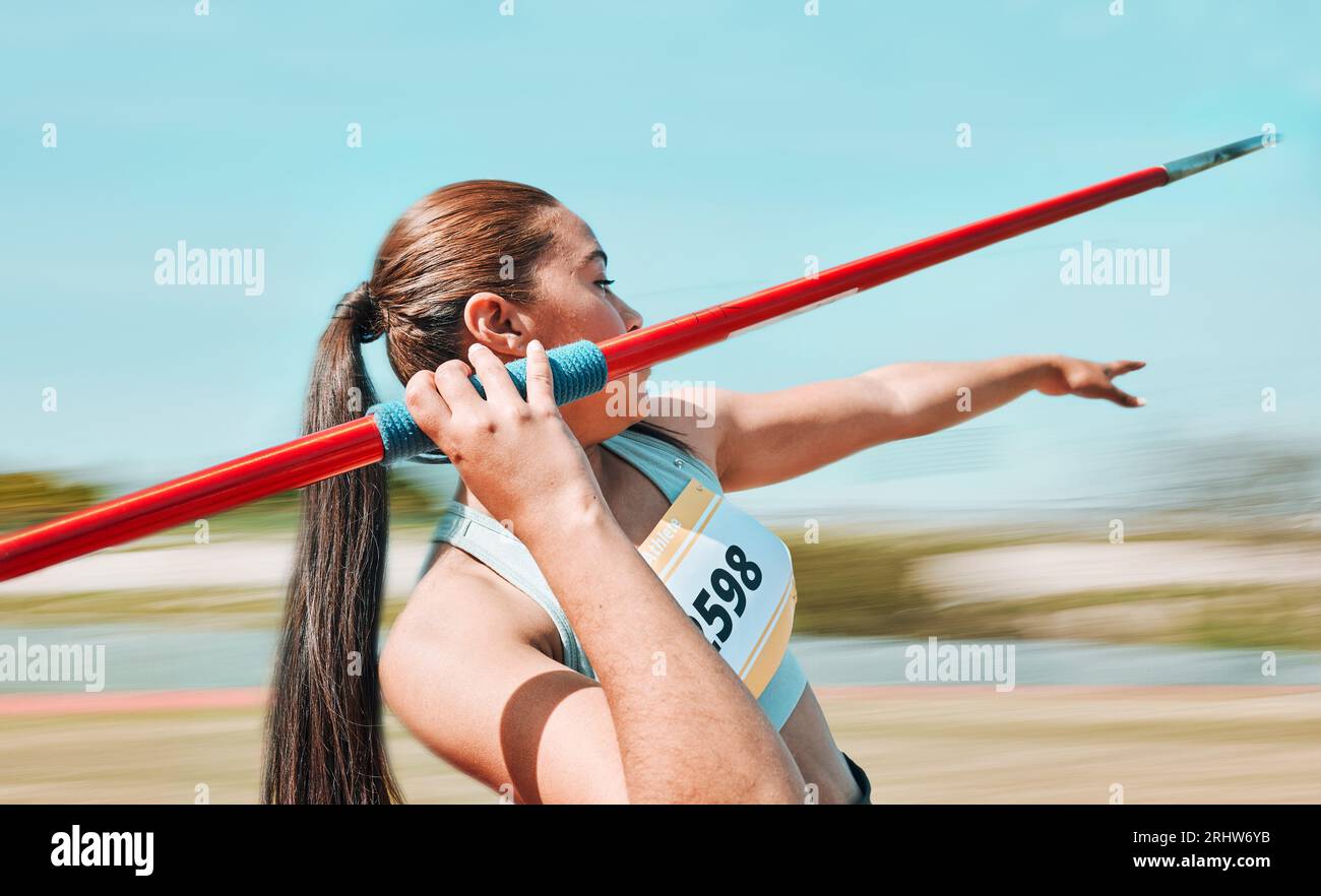 Woman, javelin and athlete in sports competition, practice or olympic