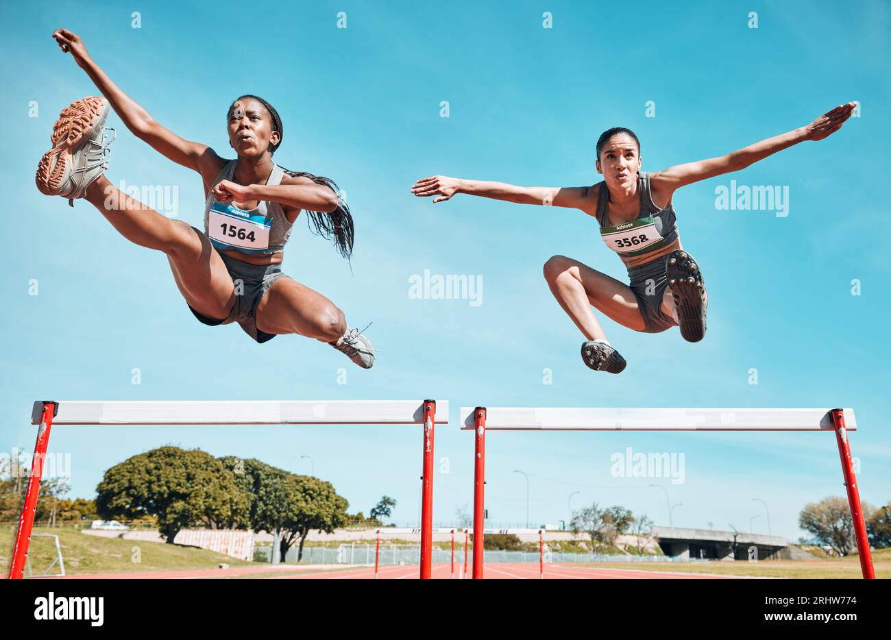 Sports, hurdles and team of women on track running in a race, marathon