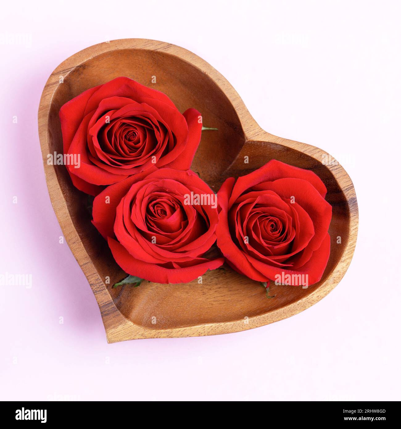 Three red rosebuds in a wooden bowl in the shape of a heart on a pink background. Romantic background with space for text. Happy greeting card. Stock Photo