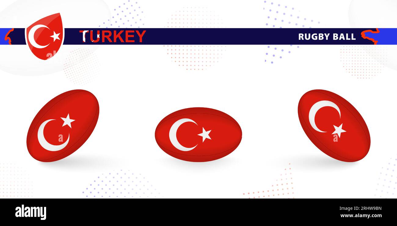 Rugby ball set with the flag of Turkey in various angles on abstract ...