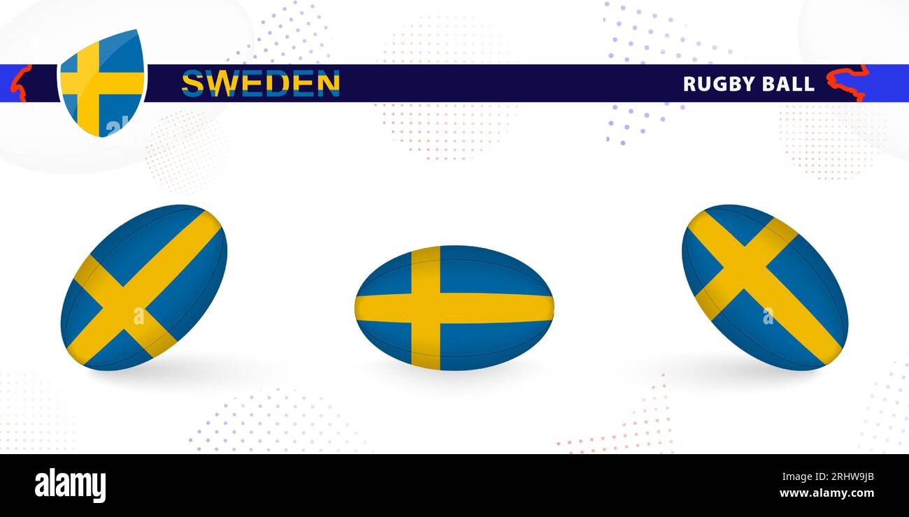 Rugby ball set with the flag of Sweden in various angles on abstract background. Rugby vector collection. Stock Vector