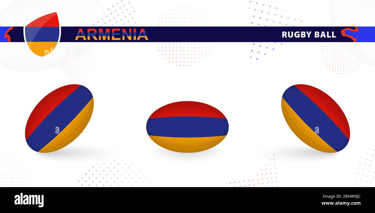 Rugby ball set with the flag of Armenia in various angles on abstract
