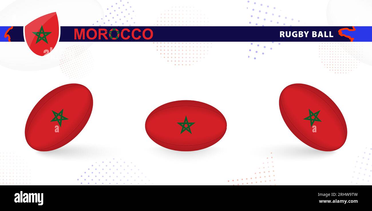 Rugby ball set with the flag of Morocco in various angles on abstract