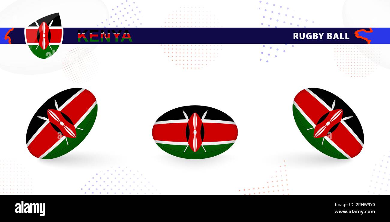 Rugby ball set with the flag of Kenya in various angles on abstract background. Rugby vector collection. Stock Vector
