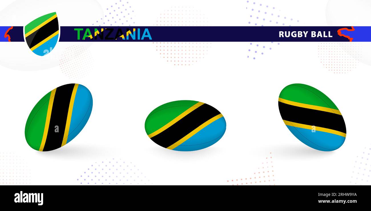 Rugby ball set with the flag of Tanzania in various angles on abstract background. Rugby vector collection. Stock Vector