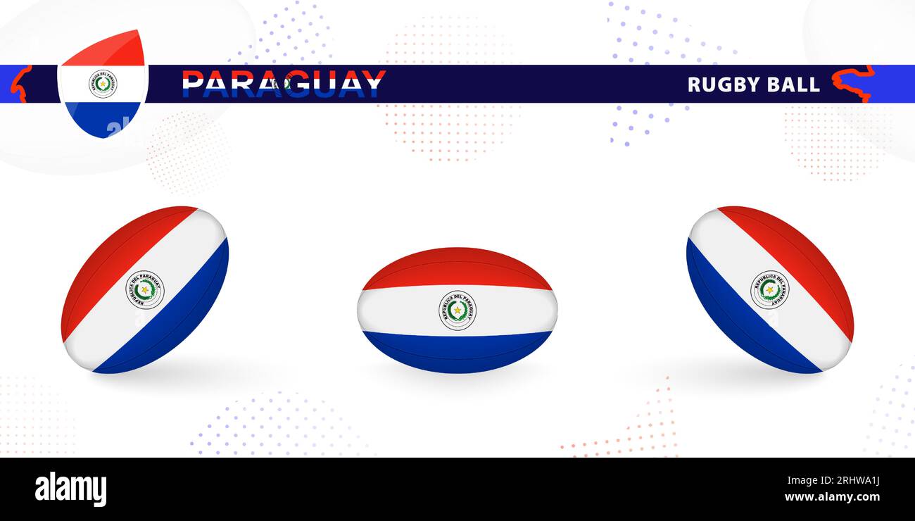 Rugby ball set with the flag of Paraguay in various angles on abstract