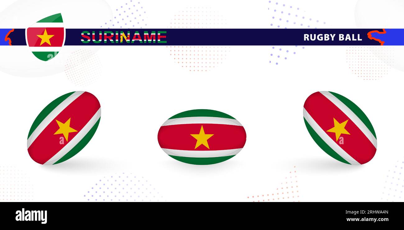 Rugby ball set with the flag of Suriname in various angles on abstract