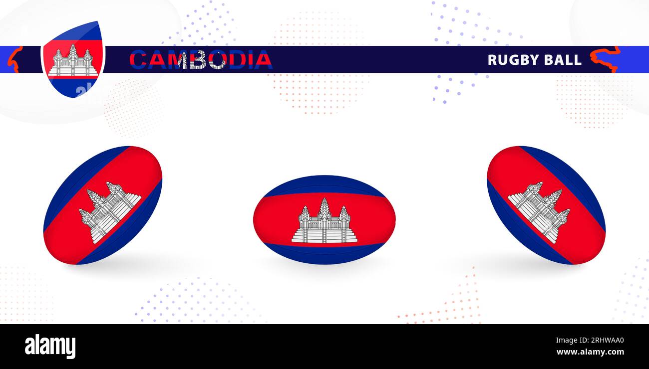 Rugby ball set with the flag of Cambodia in various angles on abstract background. Rugby vector collection. Stock Vector