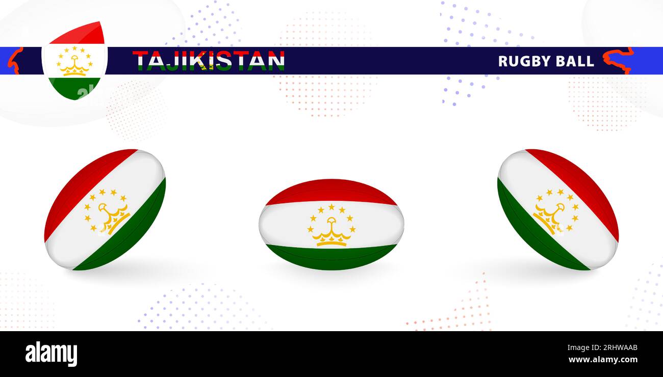Rugby ball set with the flag of Tajikistan in various angles on