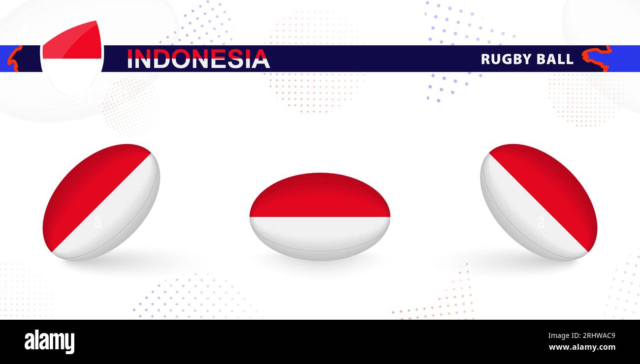 Rugby ball set with the flag of Indonesia in various angles on abstract background. Rugby vector