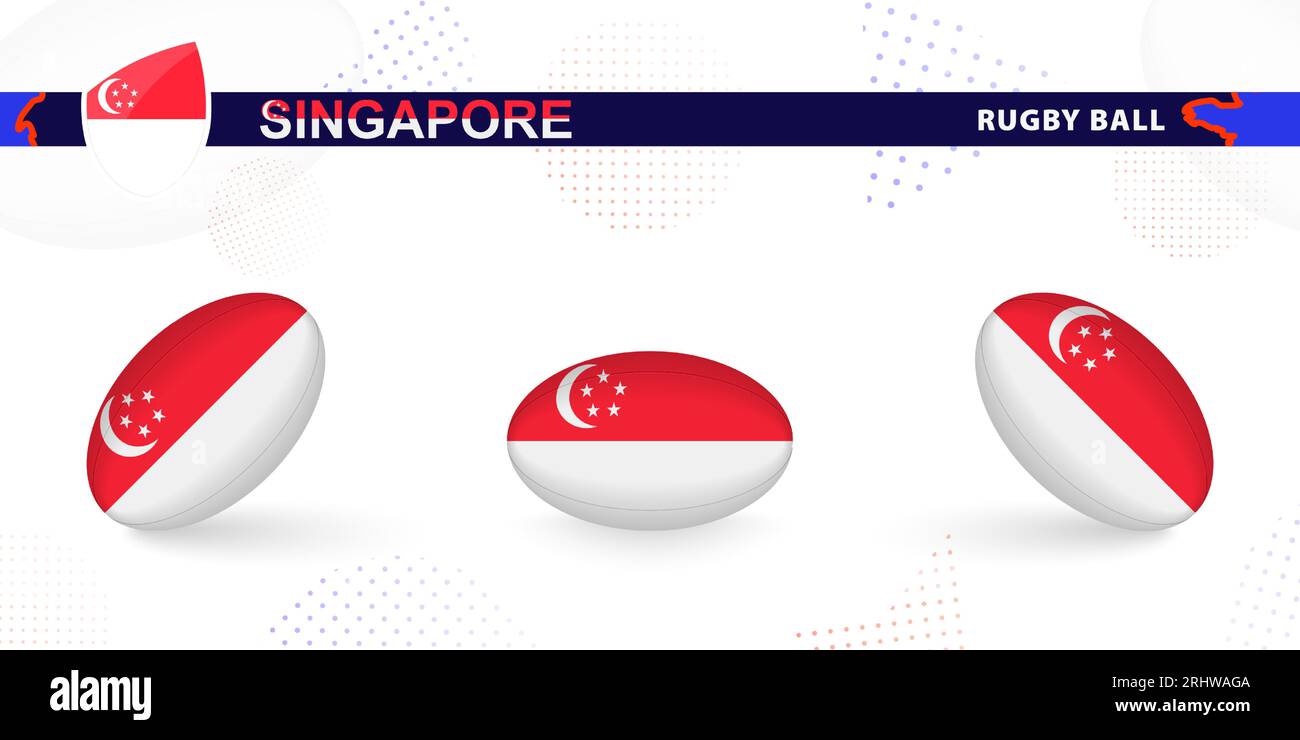 Rugby ball set with the flag of Singapore in various angles on abstract background. Rugby vector