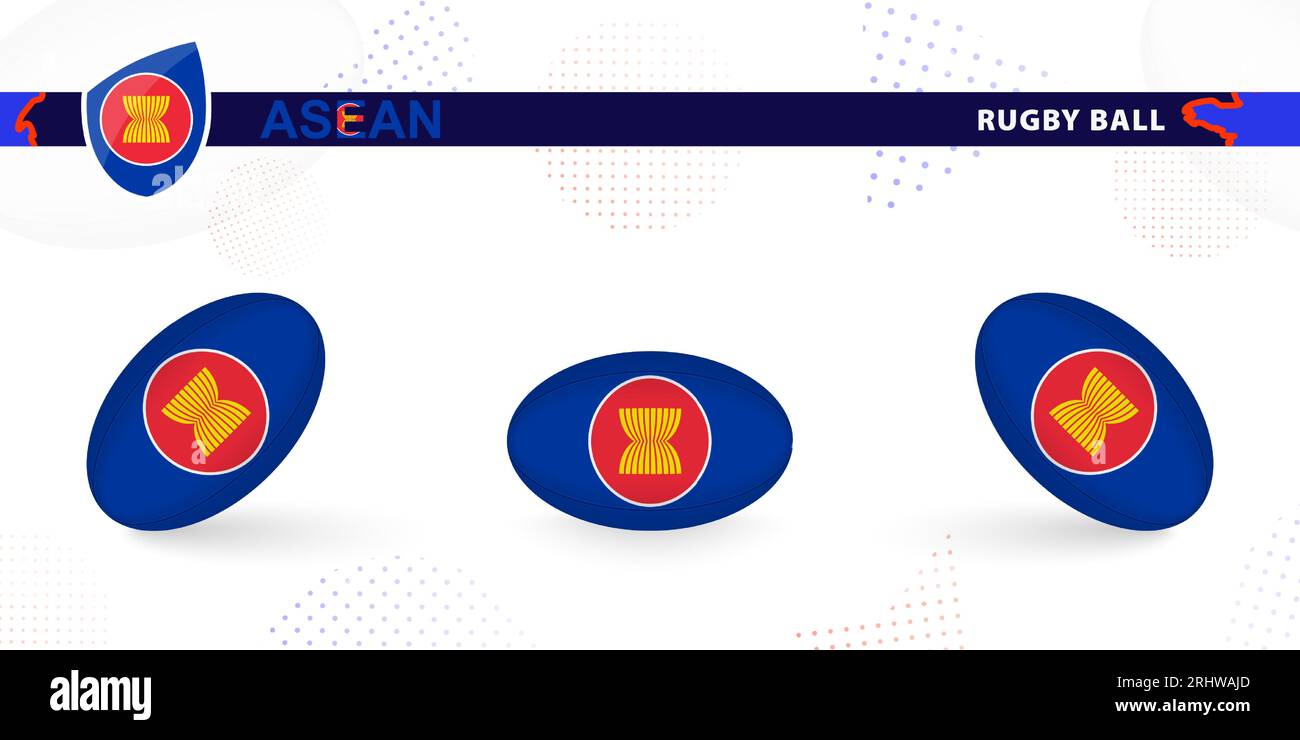 Rugby ball set with the flag of ASEAN in various angles on abstract background. Rugby vector collection. Stock Vector