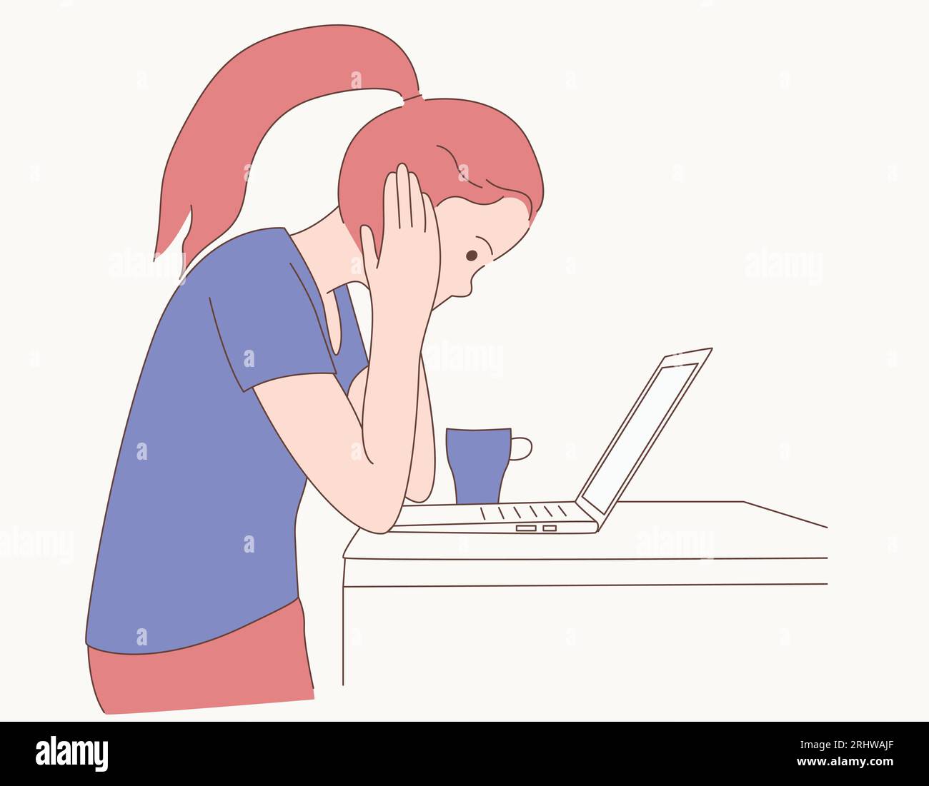 Woman Contemplating while Using Laptop Illustration Stock Vector