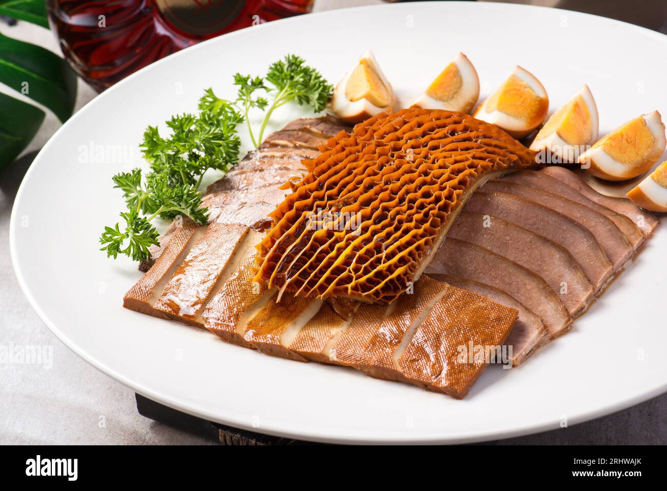 Cantonese Style Marinated Meat Platter，Marinated platter (Lo mei platter) marinated pork meat, eggs,  tofu,braised beef tripe and mushroom - Tradition Stock Photo