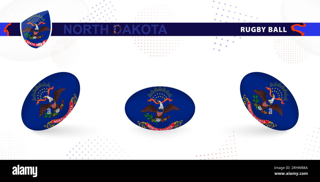 Rugby ball set with the flag of North Dakota in various angles on