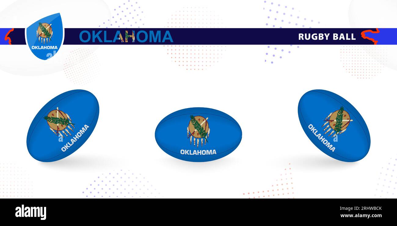 Rugby ball set with the flag of Oklahoma in various angles on abstract
